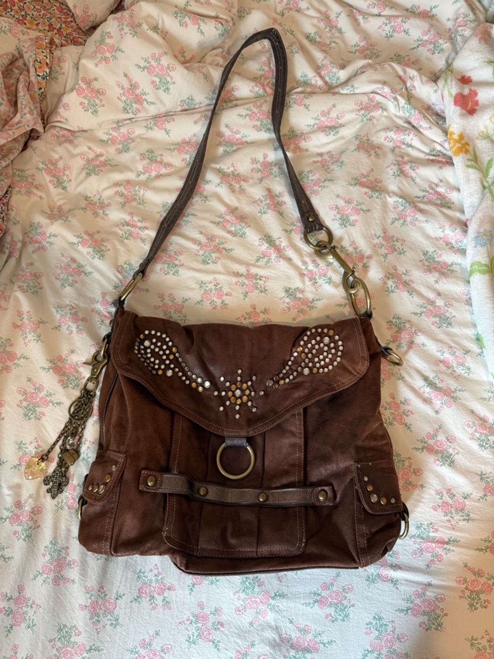 Kathy Van Zeeland - Studded Brown Suede Shoulder Bag with Ring Accent